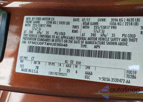 2017 Ford Escape S из США, поврежденный, VIN 1FMCU0F74HUE95048